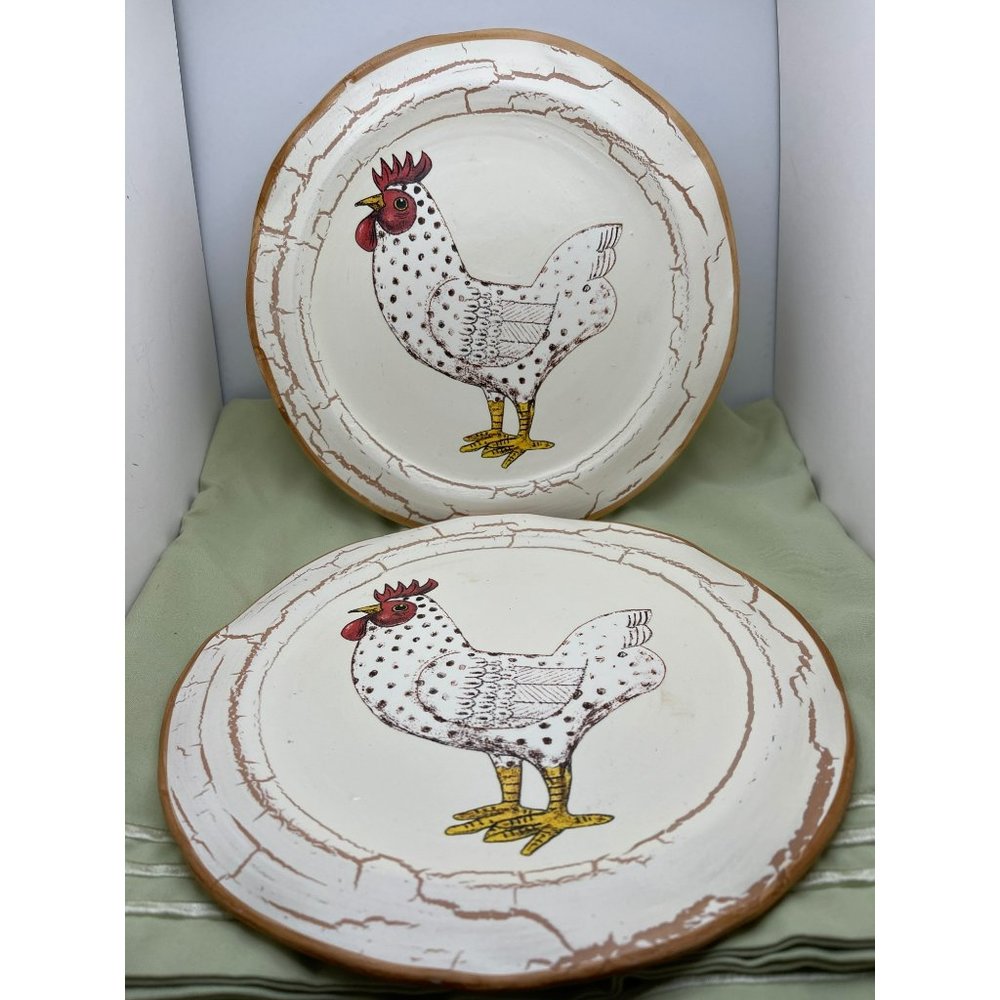 (2) Italian Chicken Cream Crack Glaze Terracotta Earthenware 8.75" Deco Plate